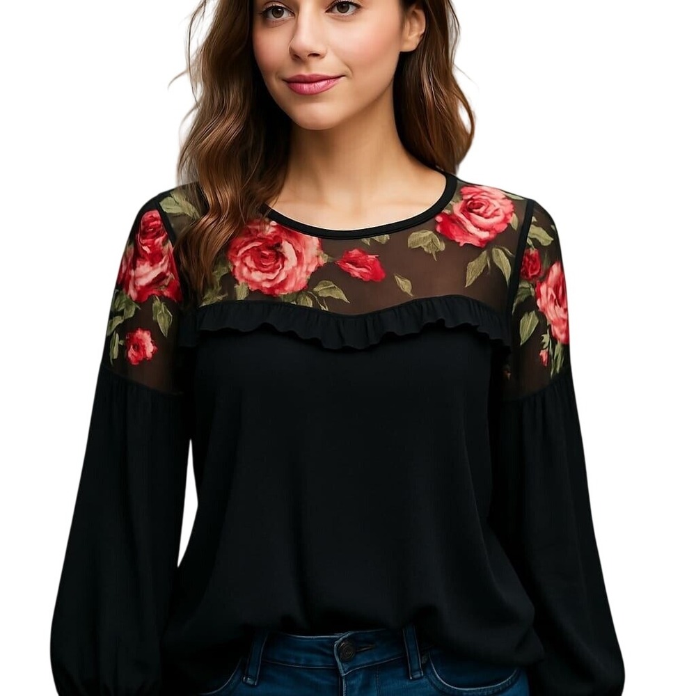 Thalia Sodi Floral Embroidered Mesh Top‎ Ruffle Trim Long Sleeve Black L/G Nwot